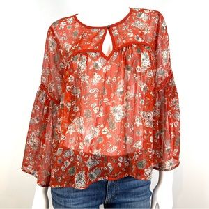 Lucky Brand Women’s Size M Red Floral Top Sheer Blouse Bell Sleeve Peasant